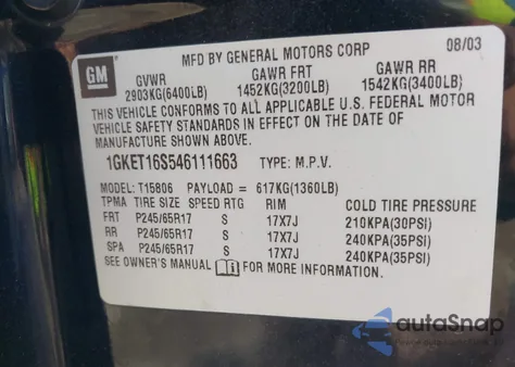 2004 GMC Envoy Xl Sle из США, поврежденный, VIN 1GKET16S546111663